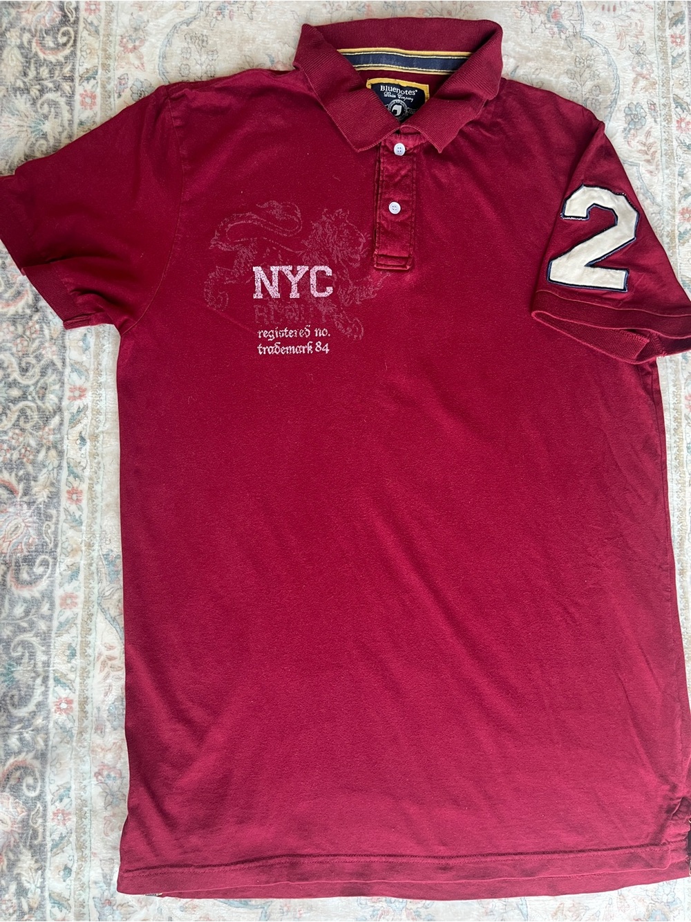 Bluenotes Red Polo with NYC Chest Graphic and Cream Sleeve Patch